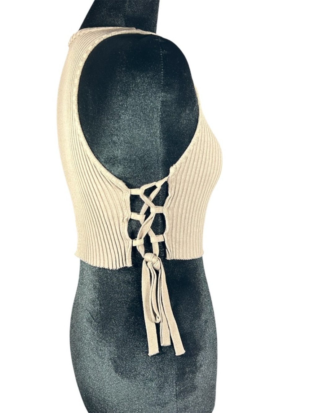 ZARA Ribbed Lace Up Side Crop Top Knit Tank Taupe Brown S - Picture 3 of 7